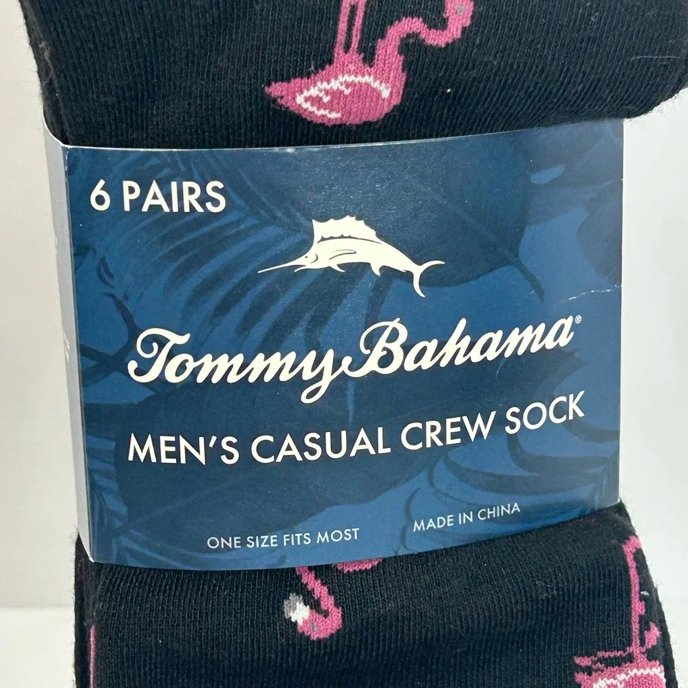 Tommy Bahama Mens 6 Pair Crew Socks Black Flamingo Palm Tree Marlin One‎ Size